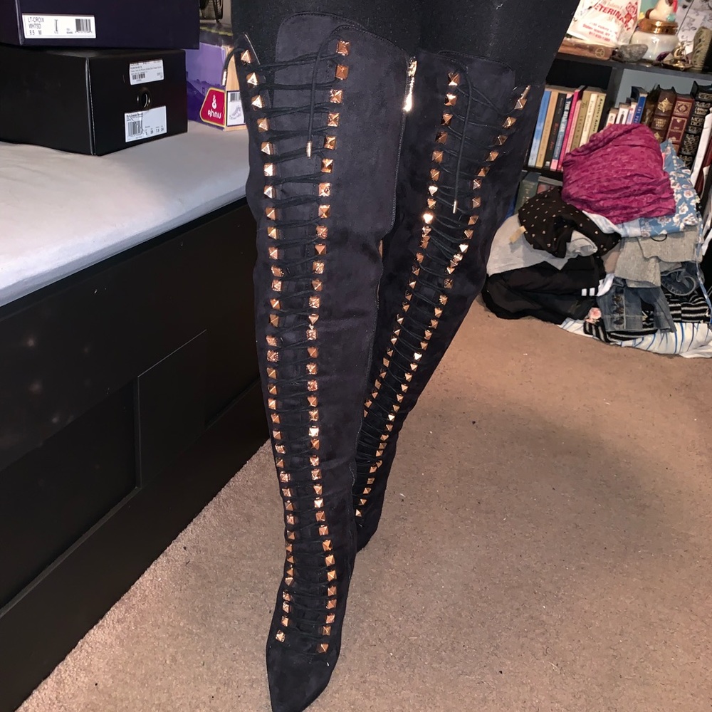 Faux suede thigh high black pump boots
